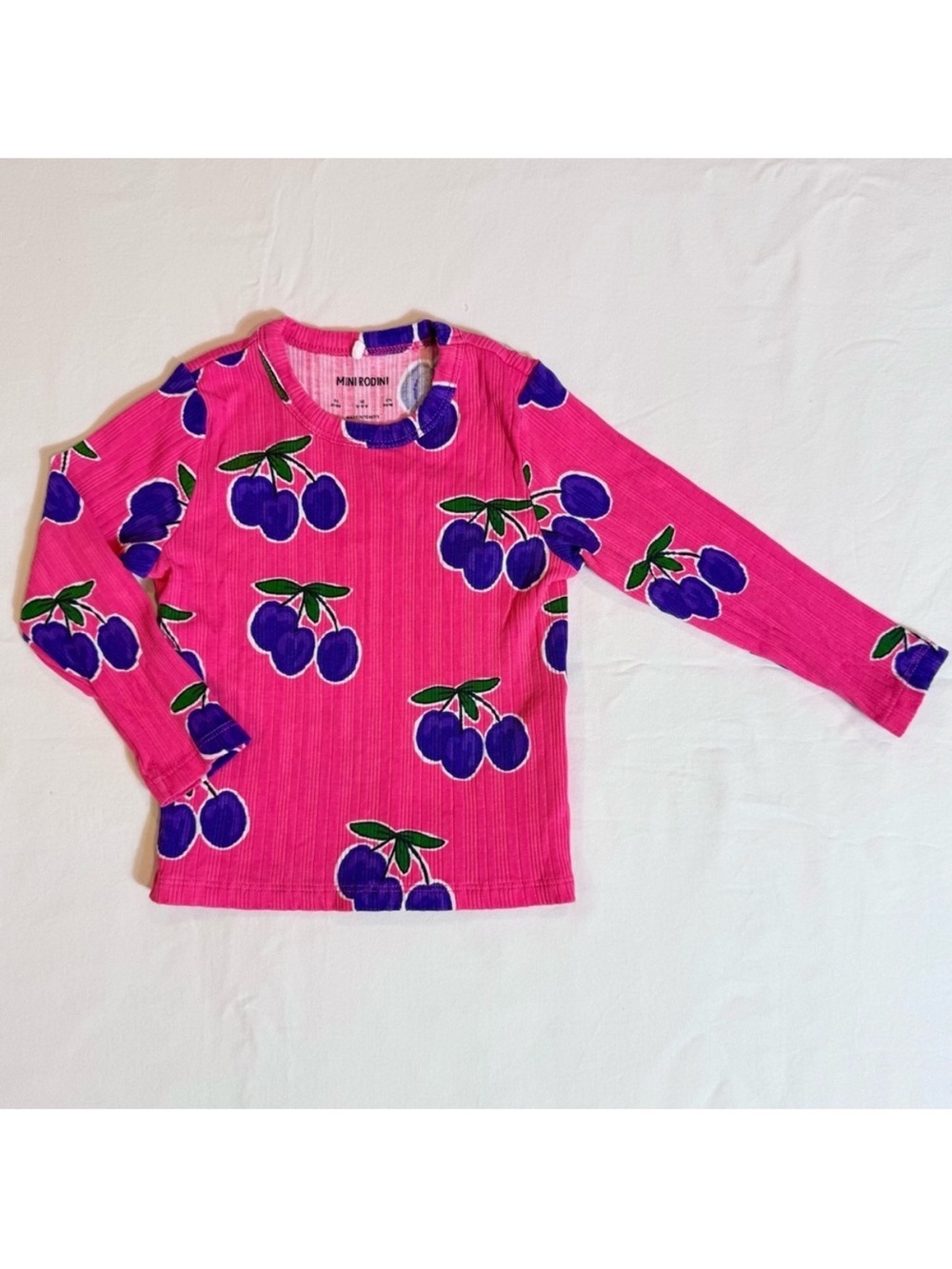 Mini Rodini Plum AOP Tee Girls 9-18M Pink Ribbed Long-Sleeve Top Organic Cotton